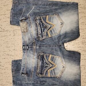 Affliction Blake Embroidered Straight Leg Baggy Fit Blue Wash Denim Jeans